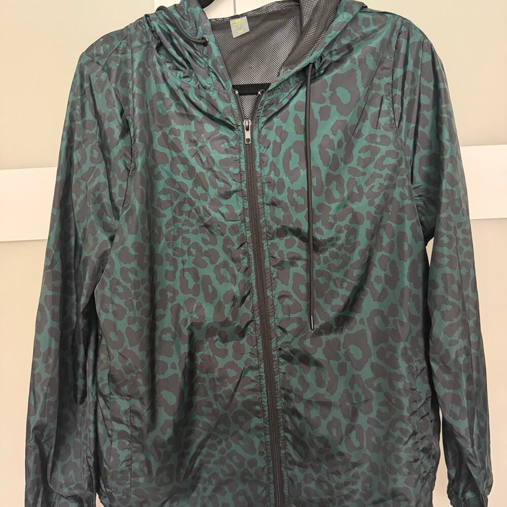Xersion Green Leopard Print Hooded Windbreaker Jacket - Size S